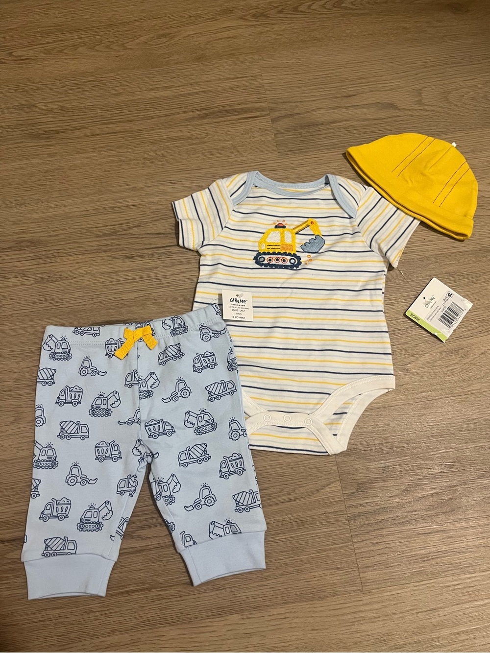 Baby Striped Construction Bodysuit & Truck Print Pants Set with Yellow Hat
